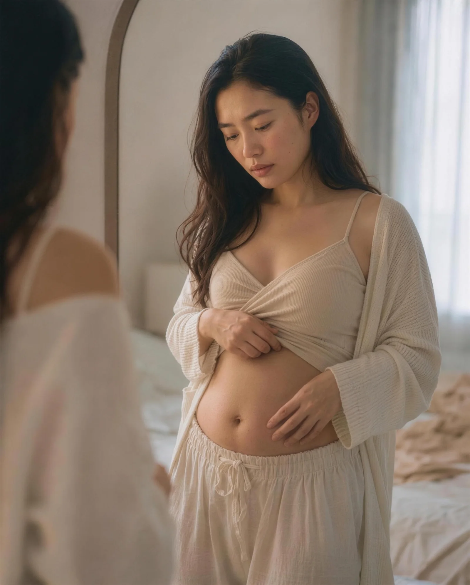 출산 후 몸의 변화를 살펴보는 여성