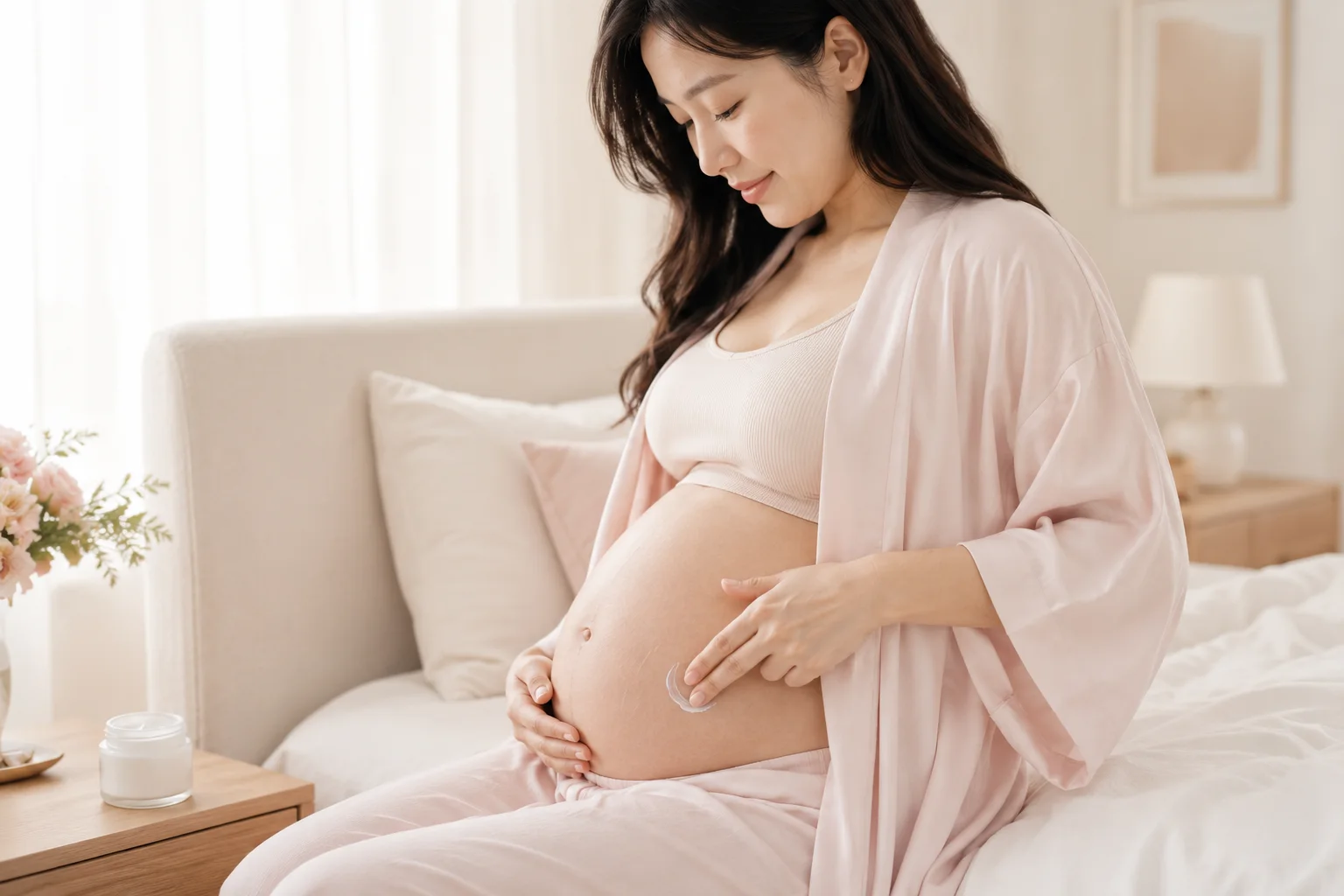 창가에서 생각에 잠긴 임산부