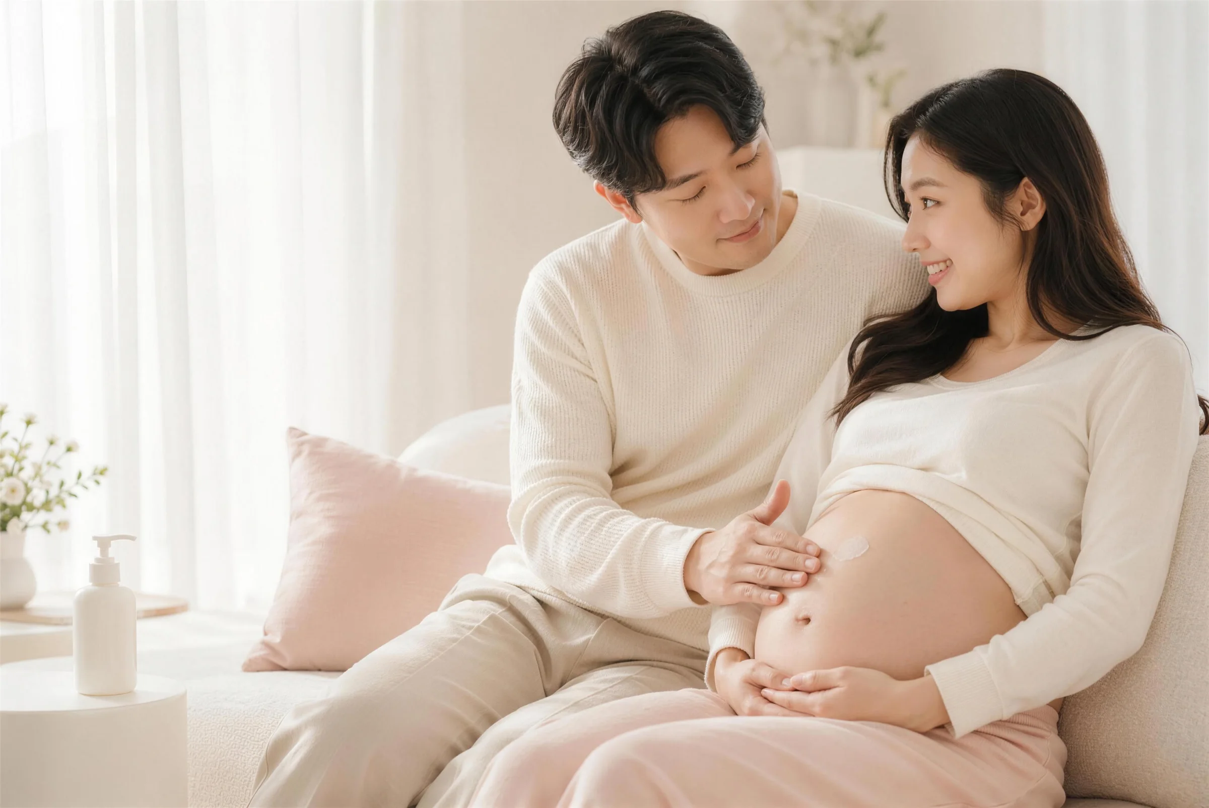 창가에서 배를 감싸안은 임산부