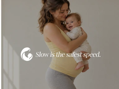 아기를 안고 걷는 엄마 — Slow is the safest speed.